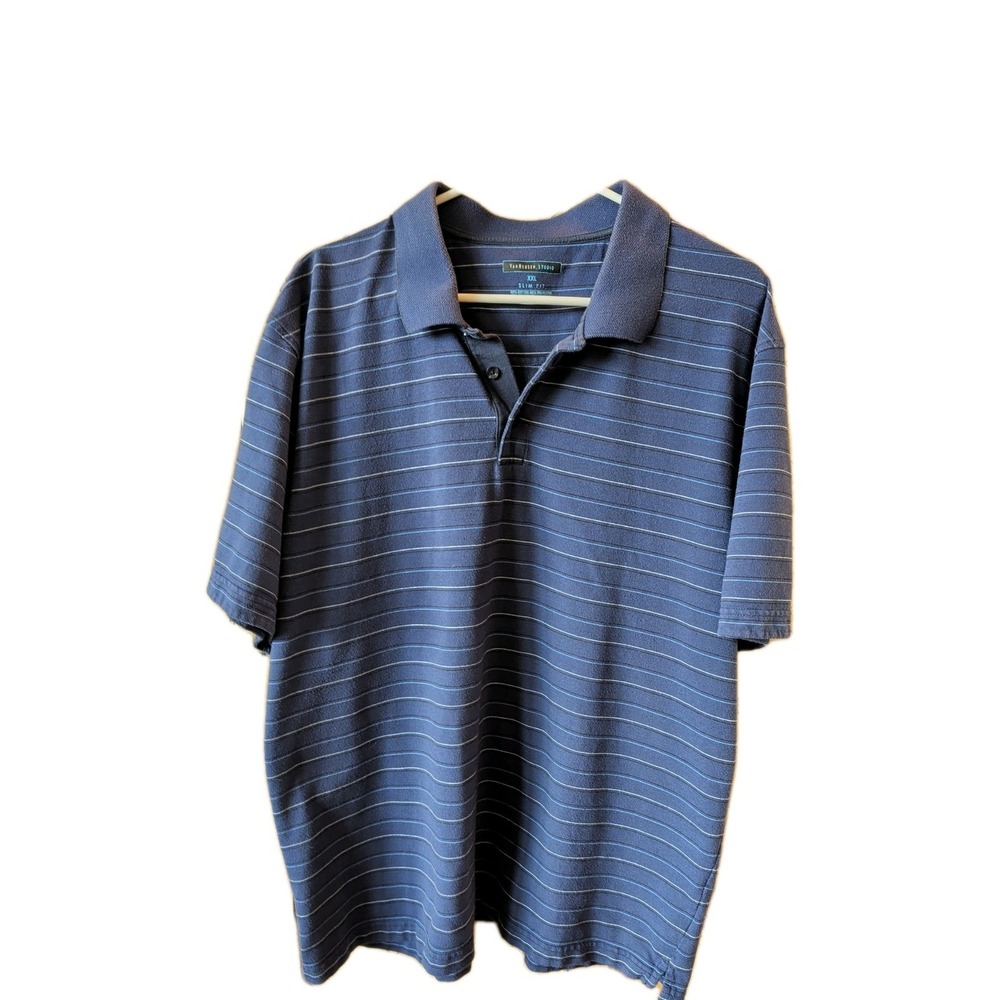 Van Heusen Men's Polo Shirt 3 Button Size XXL Slim Fit Blue Stripe Short Sleeve